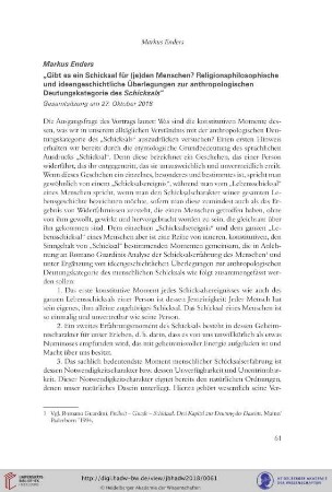 Gibt es ein Schicksal für (je)den Menschen? : religionsphilosophische und ideengeschichtliche Überlegungen zur anthropologischen Deutungskategorie des Schicksals