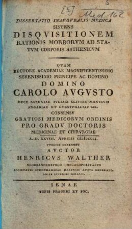 Dissertatio inauguralis medica sistens disquisitionem rationis morborum ad statum corporis asthenicum