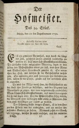 Das 34. Stück. Leipzig, den 21 des Augustmonats 1752.