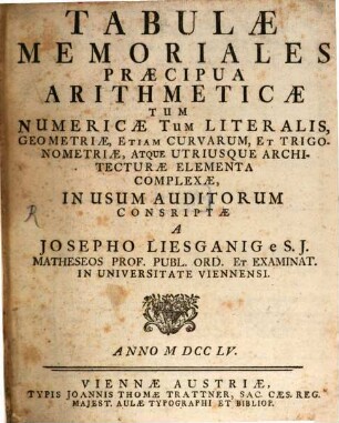 Tabulae Memoriales Praecipua Arithmeticae Tum Numericae Tum Literalis, Geometriae, Etiam Curvarum, Et Trigonometriae, Atque Utriusque Architecturae Elementa Complexae