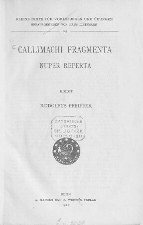 Callimachi Fragmenta nuper reperta