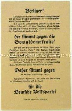 Aufruf der Deutschen Volkspartei zur Berliner Stadtverordnetenwahl 1919