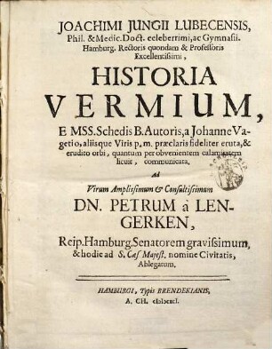 Joachimi Jungii Historia vermium