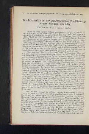 Die Fortschritte in der geographischen Erschliessung unserer Kolonien seit 1905.