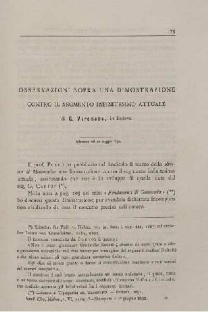 Osservazioni sopra una dimostrazione contro il segmento infinitesimo attuale.