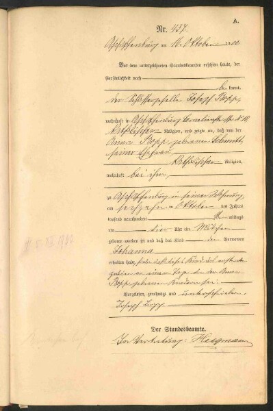 Standesamtsbuch der Stadt Aschaffenburg: Geburten 365/1900 - 184/1901
