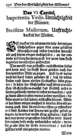 Das VI. Capitel. Impotentia Virilis. Untüchtigkeit der Männer. Serilitas Mulierum. Unfruchtbarkeit der Weiber.