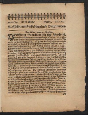 Anno 1665. XVIII. Woche. Stück 3. No. LXXI.