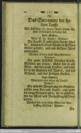 IV. Das Sacrament der heiligen Tauffe