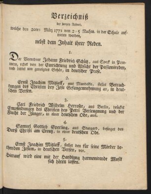 Verzeichniß junger Redner ... nebst dem Inhalt ihrer Reden.