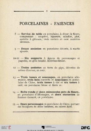 Porcelaines - Faiences (Nr. 8-31)