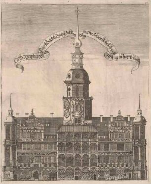 Das Residenzschloss in Dresden, Südfassade des Nordflügels mit dem Hausmannsturm (Schlossturm) vom großen Schlosshof, aus: Weck’sche Chronik, Nr. 13, p. 31