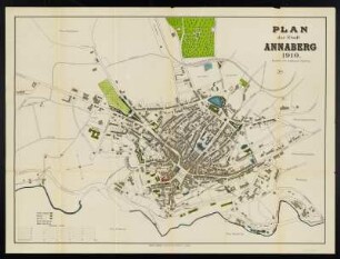 Plan von Annaberg, 1:3 000, Plan von Buchholz, 1: 4 400, Lithographie, 1910 : Plan der Stadt Annaberg / bearbeitet vom Stadtbauamt Annaberg. - 1:3 000. - Annaberg : Weisbach & Waengler, 1910. - 1 Kt. : mehrfarb. Lithogr. ; 79 x 58 cm. - Plan der Stadt Buchholz / bearbeitet vom Stadtbauamt Buchholz. - 1:4 400. - 1910. - 1 Kt. : mehrfarb. Lithogr. ; 68 x 40 cm
