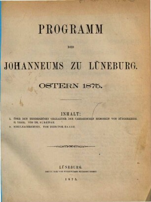 Programm des Johanneums zu Lüneburg : Ostern .... 1874/75