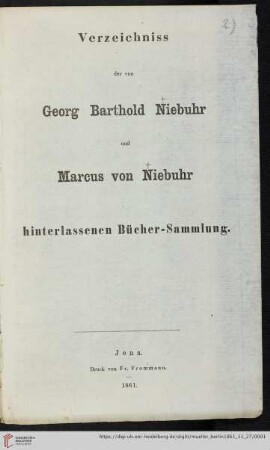 Verzeichniss der von Georg Barthold Niebuhr und Marcus von Niebuhr hinterlassenen Bücher-Sammlung