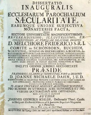 Dissertatio Inauguralis De Ecclesiarum Parochialium Sæcularitate, Earumque Unione Subjectiva Monasteriis Facta
