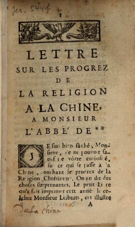 Lettre sur les progrez de la religion à la Chine