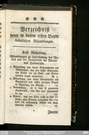 Verzeichniß derer in diesem ersten Bande befindlichen Abhandlungen.