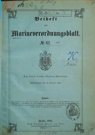 Marineverordnungsblatt. Beihefte. 62, 62. 1886
