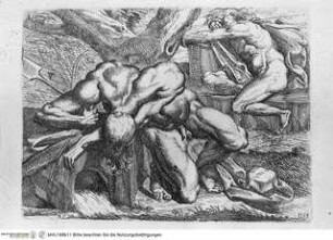 Pensieri diversi lineati et intagliati d'Anibale Carracci, Zwei männliche, kauernde Aktfiguren, vorn eine Wasserquelle (Taf.IIII [S.7])