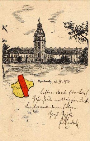 Postkartenalbum mit Motiven von Karlsruhe. "Schloss, Karlsruhe". Schlossturm mit Schlossgarten