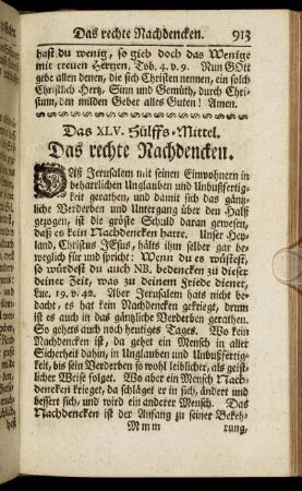 Das XLV. Hülffs-Mittel. Das rechte Nachdencken. - Das XLVII. Hülffs-Mittel. Die Betrachtung der Wohlthaten Gottes.