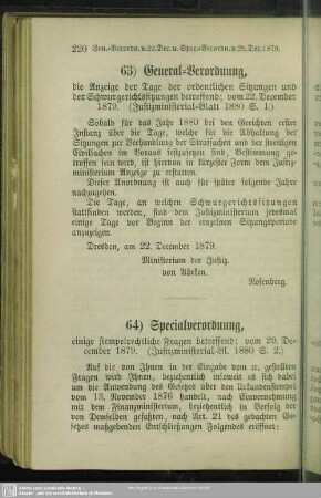63) General-Verordnung, die Anzeige der Tage der ordentlichen Sitzungen und der Schwurgerichtssitzungen betreffend; vom 22. December 1879