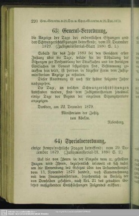 63) General-Verordnung, die Anzeige der Tage der ordentlichen Sitzungen und der Schwurgerichtssitzungen betreffend; vom 22. December 1879