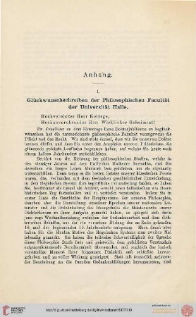 I. Glückwunschschreiben der Philosophischen Facultät der Universität Halle
