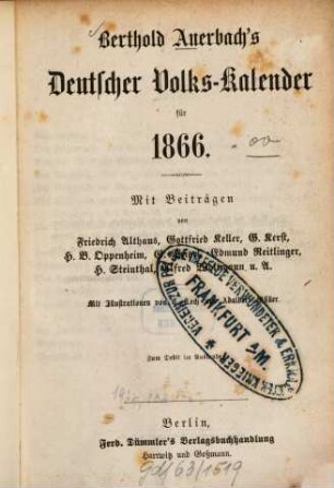 Berthold Auerbach's Volkskalender : für .., 1866