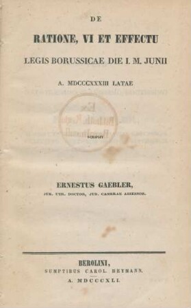 De Ratione, Vi Et Effectu Legis Borussicae, Die I. Junii A. MDCCCXXXIII Latae