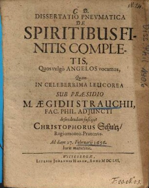 Dissertatio Pnevmatica De Spiritibus Finitis Completis, Quos vulgò Angelos vocamus