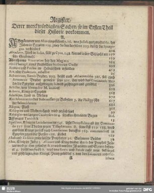 Register, Derer merckwürdigsten Sachen, so im Ersten Theil dieser Historie vorkommen