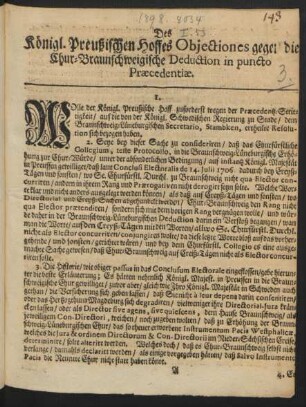 Des Königl. Preußischen Hoffes Objectiones gegen die Chur-Braunschweigische Deduction in puncto Praecedentiae
