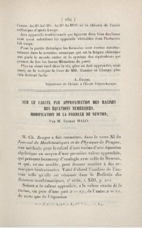 Sur le calcul par approximation des racines des équations numériques. Modification de la formule de Newton.