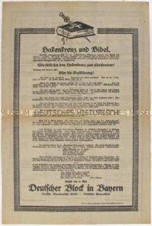 Sonderdruck des Deutschen Blocks in Bayern zur Reichstagswahl 1924 mit einer Auseinandersetzung mit religionsfeindlichen Äußerungen der völkischen Parteien