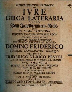 Meditamentvm Ivridicvm De Ivre Circa Lateraria Vvlgo vom Ziegelbrennerey-Recht