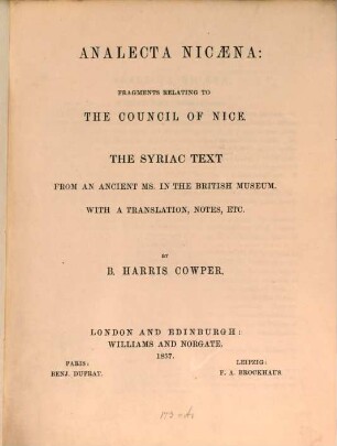 Analecta Nicaena: fragments relating to the Council of Nice : The syriac text from an ancient Ms. in the British Museum