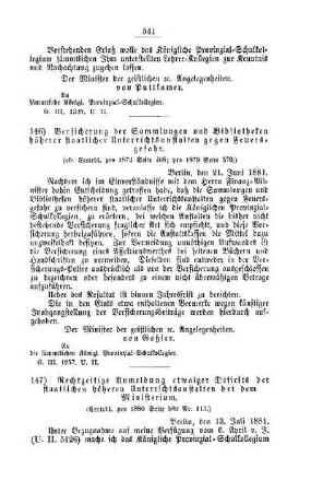 Versicherung der Sammlungen und Bibliotheken höherer staatlicher Unterrichtsanstalten gegen Feuersgefahr : [III. Gymnasial- etc. Lehranstalten]