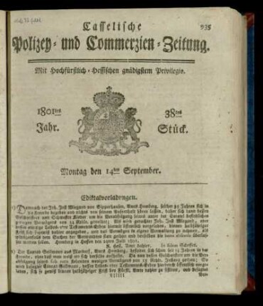 38tes Stueck, Montag den 14ten September 1801