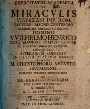Exercitatio acad. de miraculis Vespasiani imp. rom.