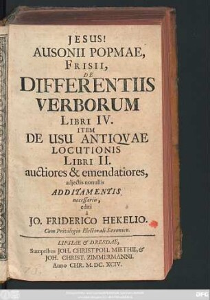 Ausonii Popmae, Frisii, De Differentiis Verborum Libri IV