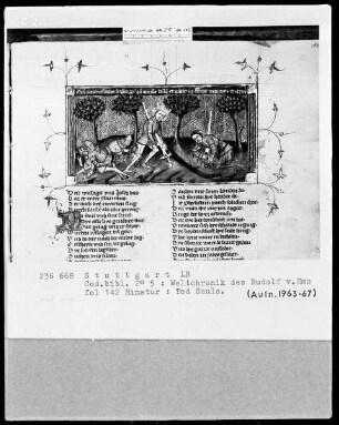 Weltchronik des Rudolf von Ems — Textseite mit zwei Miniaturen, Folio 142recto
