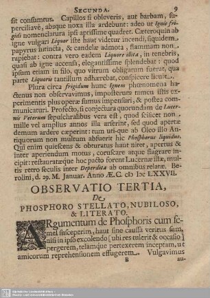 Observatio Tertia, De Phosphoro Stellato, Nubiloso, et Literato.