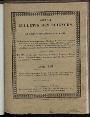Nouveau Bulletin Des Sciences, Par La Société Philomatique De Paris. Avril 1826.