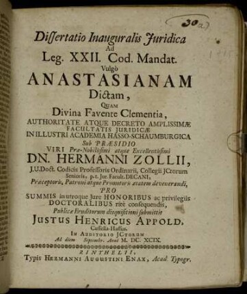 Dissertatio Inauguralis Iuridica Ad Leg. XXII. Cod. Mandat. Vulgo Anastasianam Dictam