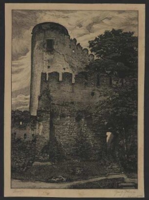 Ansicht der Burgruine Kynast, Lithographie, 1899 : Jahn, Georg : Kynast / Georg Jahn. - [S.l.] , [18]99. - 1 Kunstbl. : Lithographie ; 11 x 6 cm