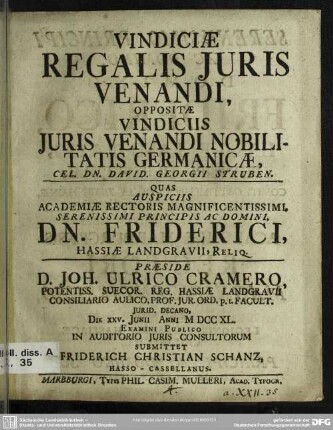 Vindiciae Regalis Iuris Venandi, Oppositae Vindiciis Iuris Venandi Nobilitatis Germanicae, Cel. Dn. David. Georgii Struben