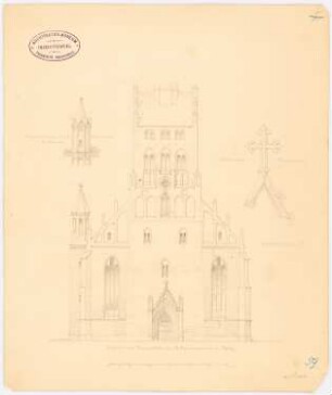 St. Mauritiuskirche, Pyritz. Restaurierung und Aufnahme. St. Marien, Pasewalk. Treppentürmchen: a) Aufriss des Westseite und zwei Details (zwei Maßstabsleisten) b) Ansicht