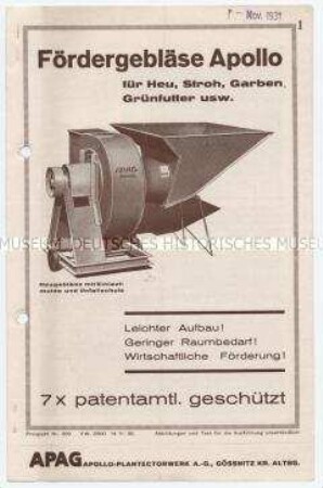 Fördergebläse Apollo für Heu, Stroh, Garben, Grünfutter usw. / Prospekt Nr. 229
